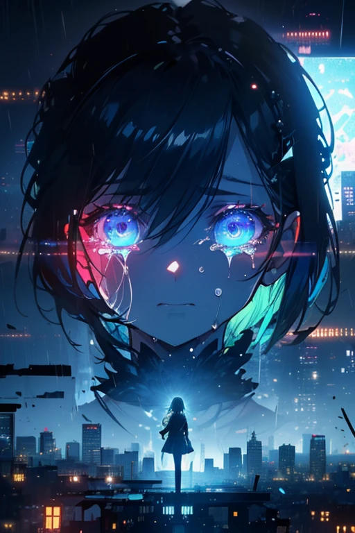 1girl, (((standing on top of a building on the edge))), looking down, (((crying))), tears falling down her face, dystopia, 8k, high quality, (((detailed face))), detailed hands, depressing, sad, raining outside, (((nighttime))),