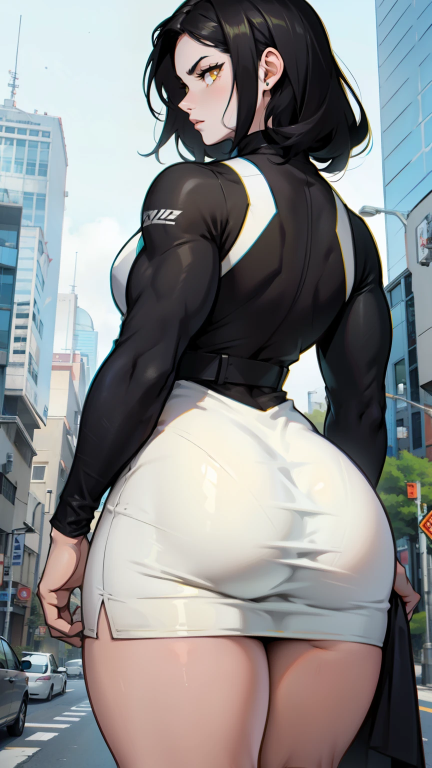 girl muscular thick black hair yellow eyes pale skin from behind tight dress ass