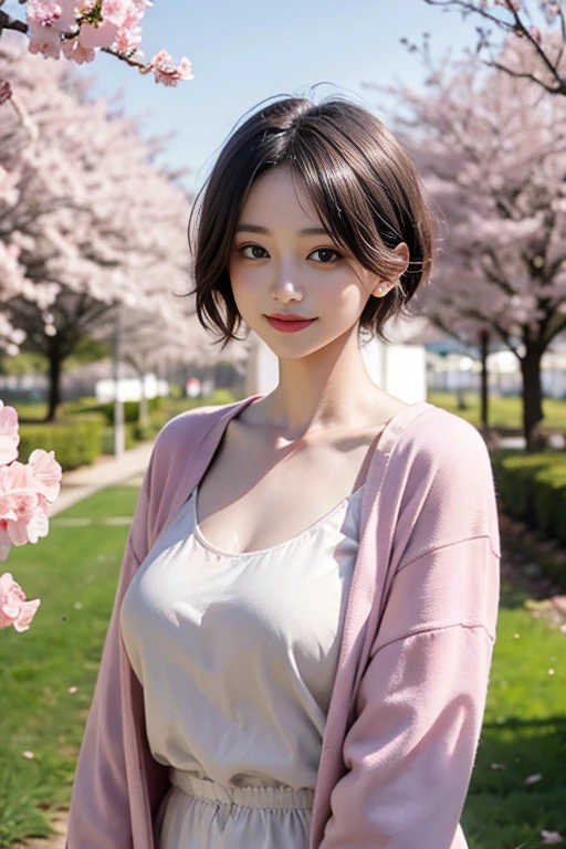 Cherry trees in full bloom、20Old woman standing、Pink clothes、Open-chested clothing、Large Breasts、smile