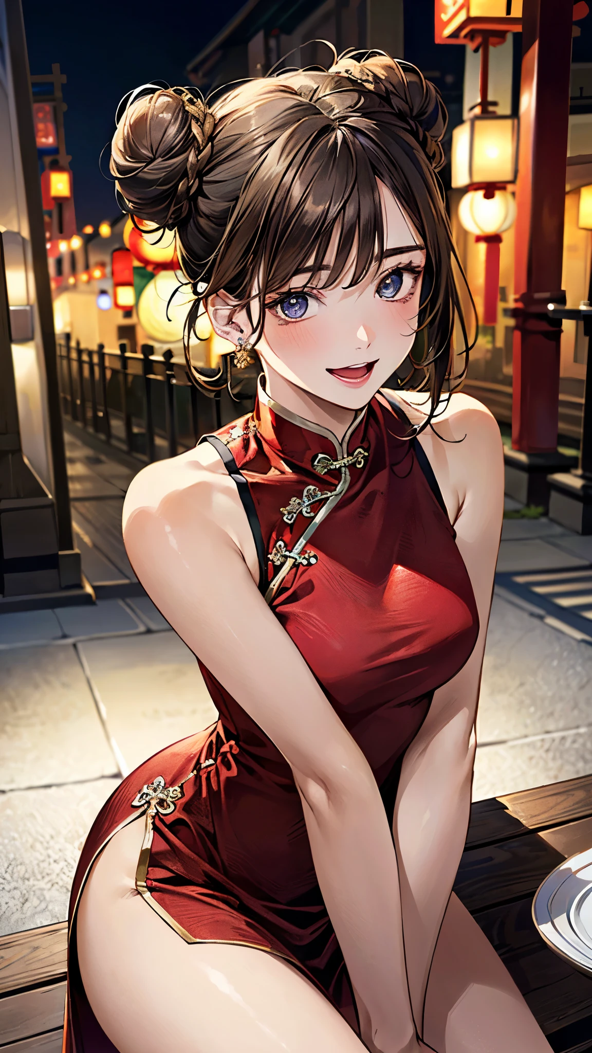 (masterpiece:1.3, top-quality, ultra high res, ultra detailed), (realistic, photorealistic:1.4), beautiful illustration, perfect lighting, natural lighting, colorful, depth of fields, surrealism, 
beautiful detailed hair, beautiful detailed face, beautiful detailed eyes, beautiful clavicle, beautiful body, beautiful chest, beautiful thigh, beautiful legs, beautiful fingers, white skin, shiny skin, 
looking at viewer, 1 girl, japanese, 18 years old, (perfect anatomy, anatomically correct, super detailed skin), cute and symmetrical face, babyface, perfect face, perfect eyes, perfect fingers,
(middle hair, double bun hairstyle, mocha brown hair), asymmetrical bangs, blue eyes, big eyes, long eyelashes, glossy lips, (medium breasts, seductive thighs), slender, outstanding style, 
(detailed cloth texture, bottomless, metallic red chinese dress:1.4, tight dress, red dress with slit, high heels), earrings, 
(beautiful scenery), night, (chinatown:1.5, outdoor restaurant), standing, hands on chest, (cute, pretty smile, open mouth small), 