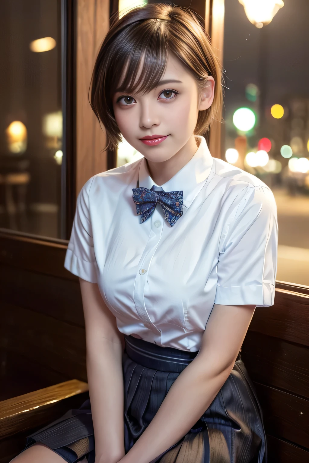 (8k, best quality, masterpiece:1.2), (sfw:1.3), (realistic, photo-realistic:1.37), ultra-detailed, 1 girl,cute, solo,beautiful detailed sky,detailed cafe,night,sitting,dating,(nose blush),(smile:1.1),(closed mouth) medium breasts,beautiful detailed eyes,(collared shirt:1.1), bowtie,pleated skirt,(short hair:1.2),floating hair