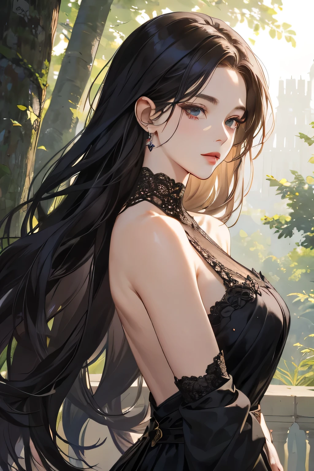 Empress, old women, women, 1 women, beautyfull, power, very tall, big body, perfect body, elegant, kharisma, shine, cool, depicting Equal eyes, (A female god) Look at camera, depicting delicate facial features, white long hair，black eye，Black silk dress，Lace，Shoulders exposed，forest backgrou，Contre-Jour，Cinematic texture，Light and shadow changes，Europe，Middle Ages，Pull half of your body closer