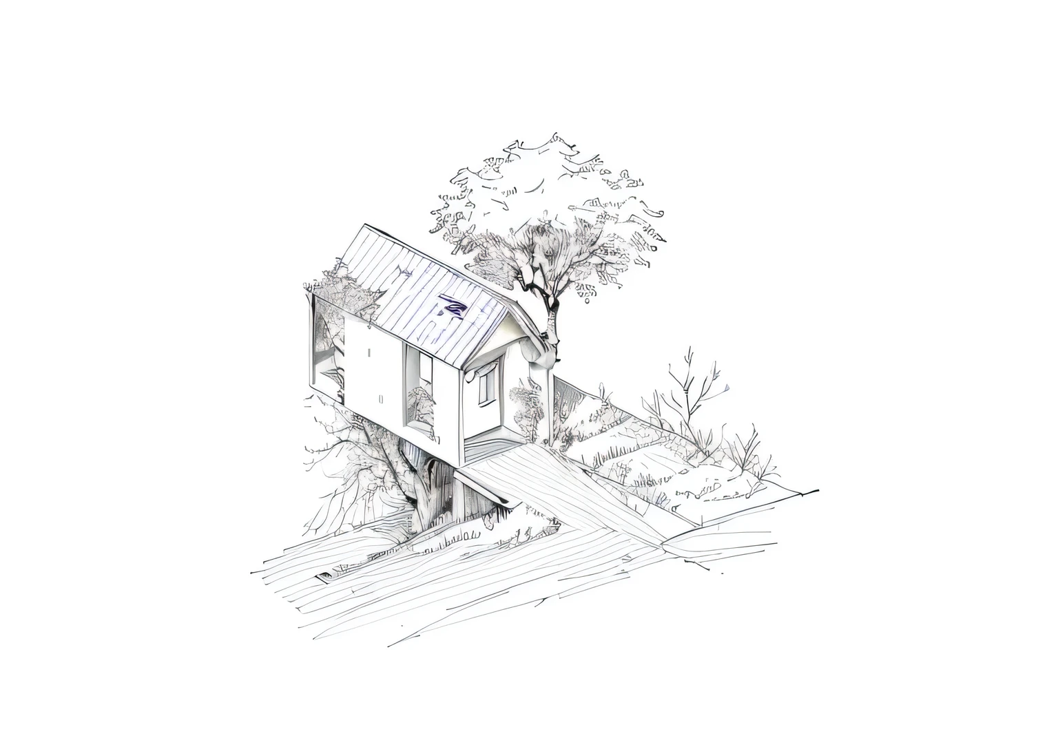 drawing of a small house with a tree growing, por Jakob Gauermann, by João Artur da Silva, sketch illustration, by Karel Štěch, por Jacob Kainen, powder Adam Szentpétery, architectural illustration, Direction: Vadym Meller, arquitetura de desenho, architectural sketch, isometric view