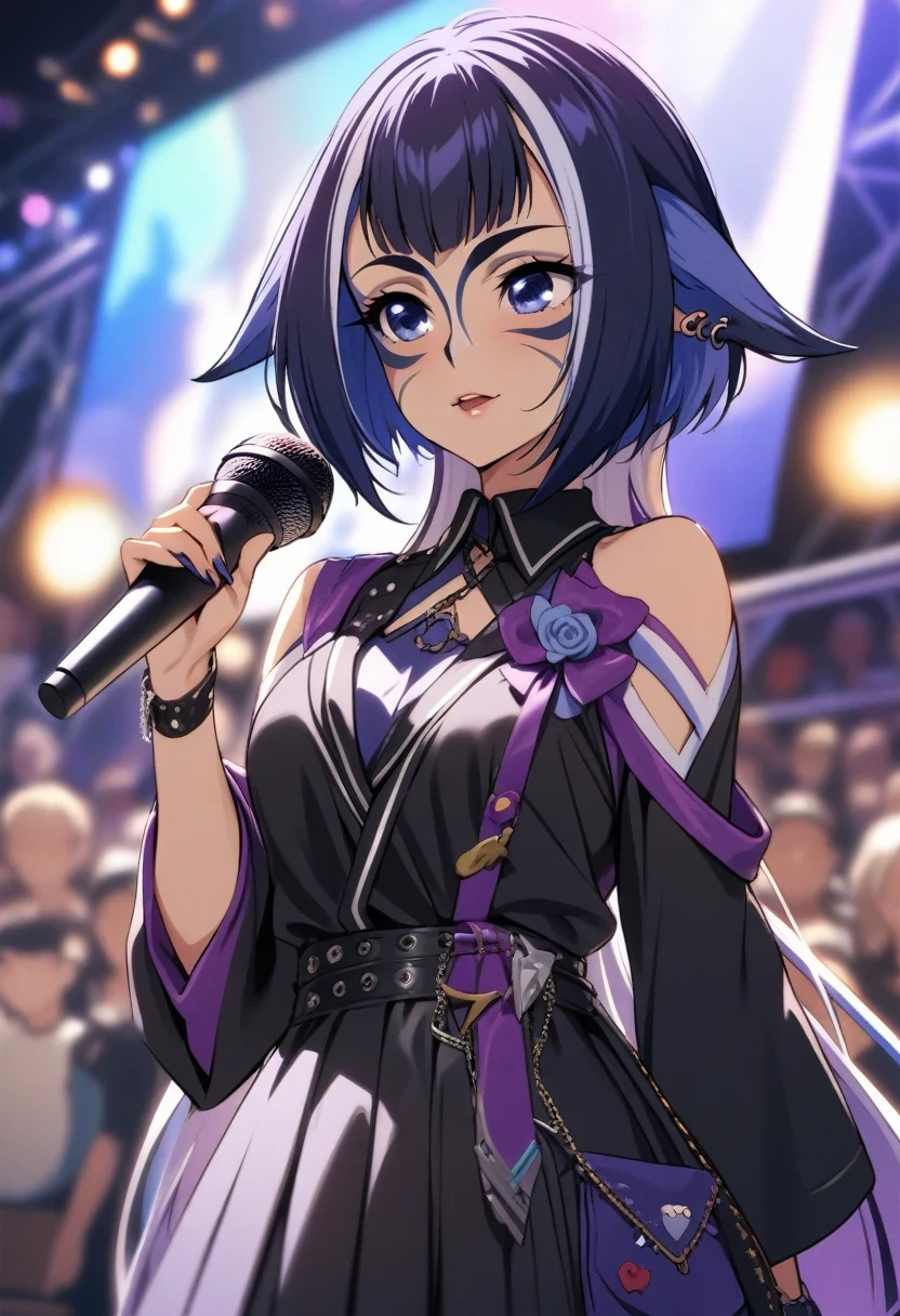 (shylily/(Twich/):1.5),(masterpiece:1.2),(best quality:1.2), Corsage, Self-made, (Self-made Fashion:1.1), Delicate face, decorate, skirt, Various accessories, (Ear piercing), Punk style, Japanese Subculture, Fashion, stocking, rich and colorful, (Dark circles:1.2), Wave, Holding the microphone, (stage:1.1), (Depth of Field:1.2), (Blurred background:1.2), Clear focus, Looking at the audience, Cowboy shooting,