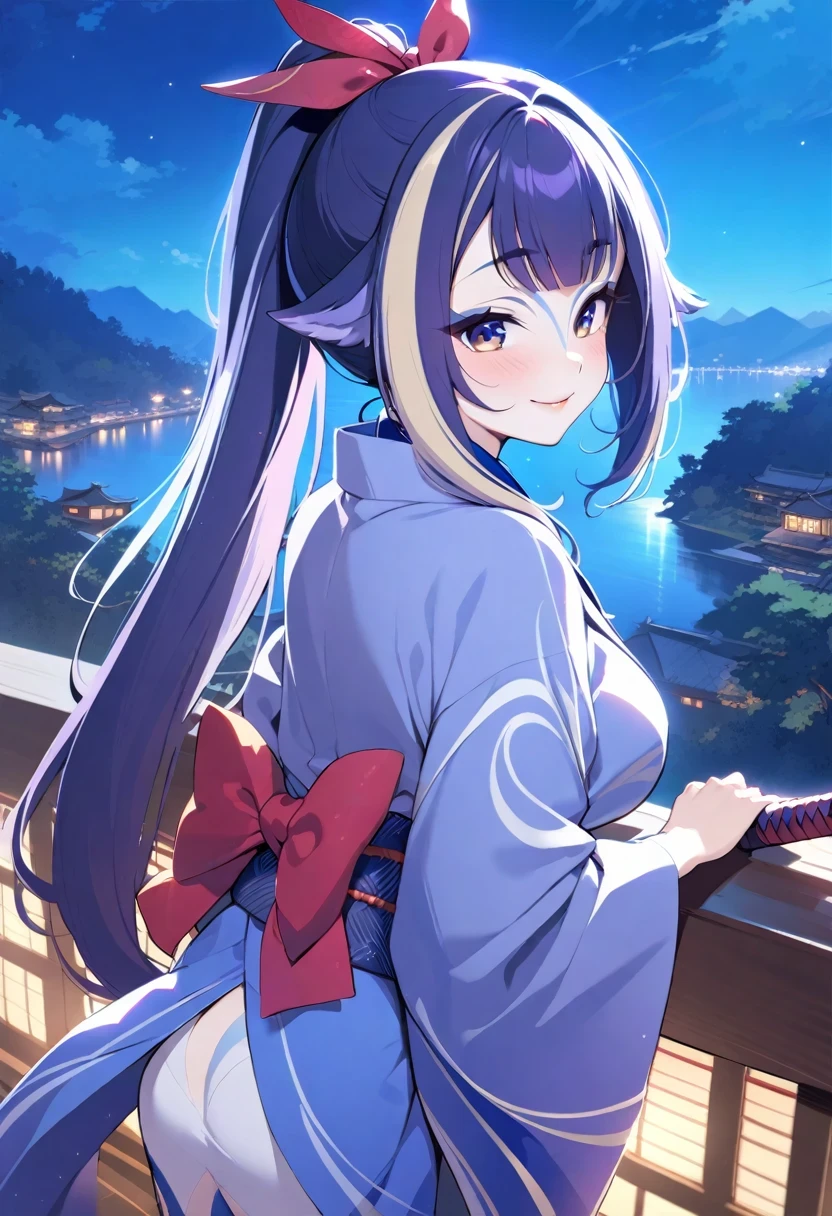 (shylily/(Twich/):1.5),(masterpiece:1.2),(best quality:1.2), Beautiful girl in loincloth, Japanese Clothing, Back appearance, Cute face, Looking back with a lovely smile,  warrior, Wearing a yukata, Ponytail, Tie your hair with a big red ribbon, Equipped with two Japan swords,blush (0.2), Night view, Cool, landscape,grace, Beautiful background,