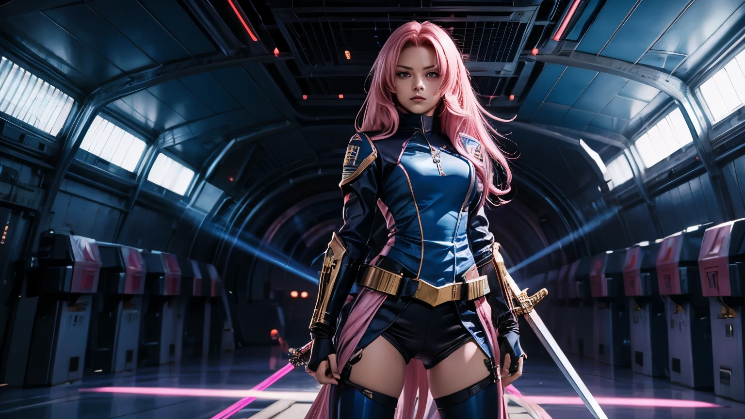A beautiful woman with a long sword made up of lasers. Twenty years old. She is looking at the camera with a defiant expression. She has long pink hair and wears a blue metallic battle uniform. She is standing in the spacious hallway of a space battleship.