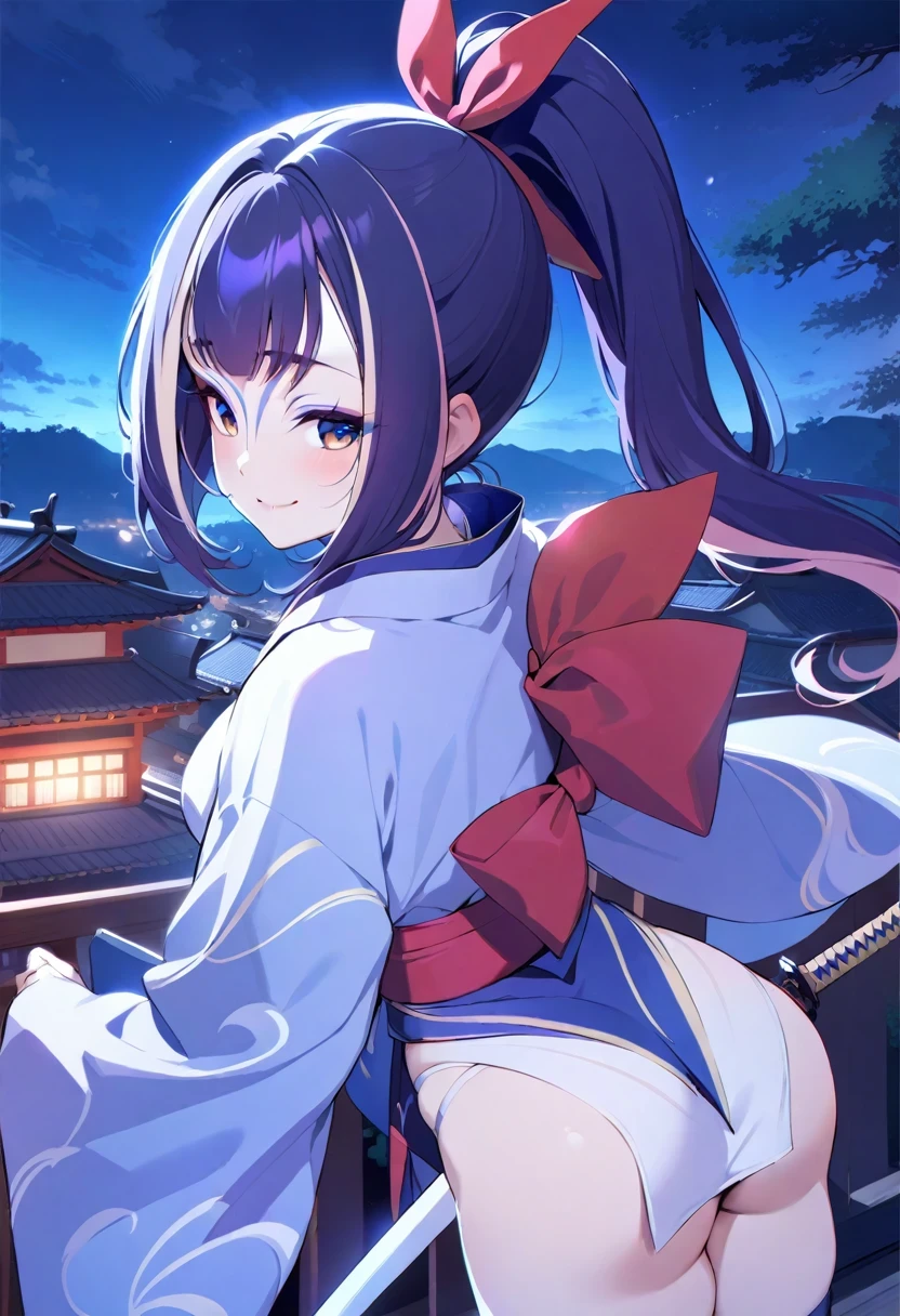 (shylily/(Twich/):1.5),(masterpiece:1.2),(best quality:1.2), Beautiful girl in loincloth, Japanese Clothing, Back appearance, Cute face, Looking back with a lovely smile, warrior, Wearing a yukata, Ponytail, Tie your hair with a big red ribbon, Equipped with two Japan swords,blush (0.2), Night view, Cool, landscape,grace, Beautiful background,
