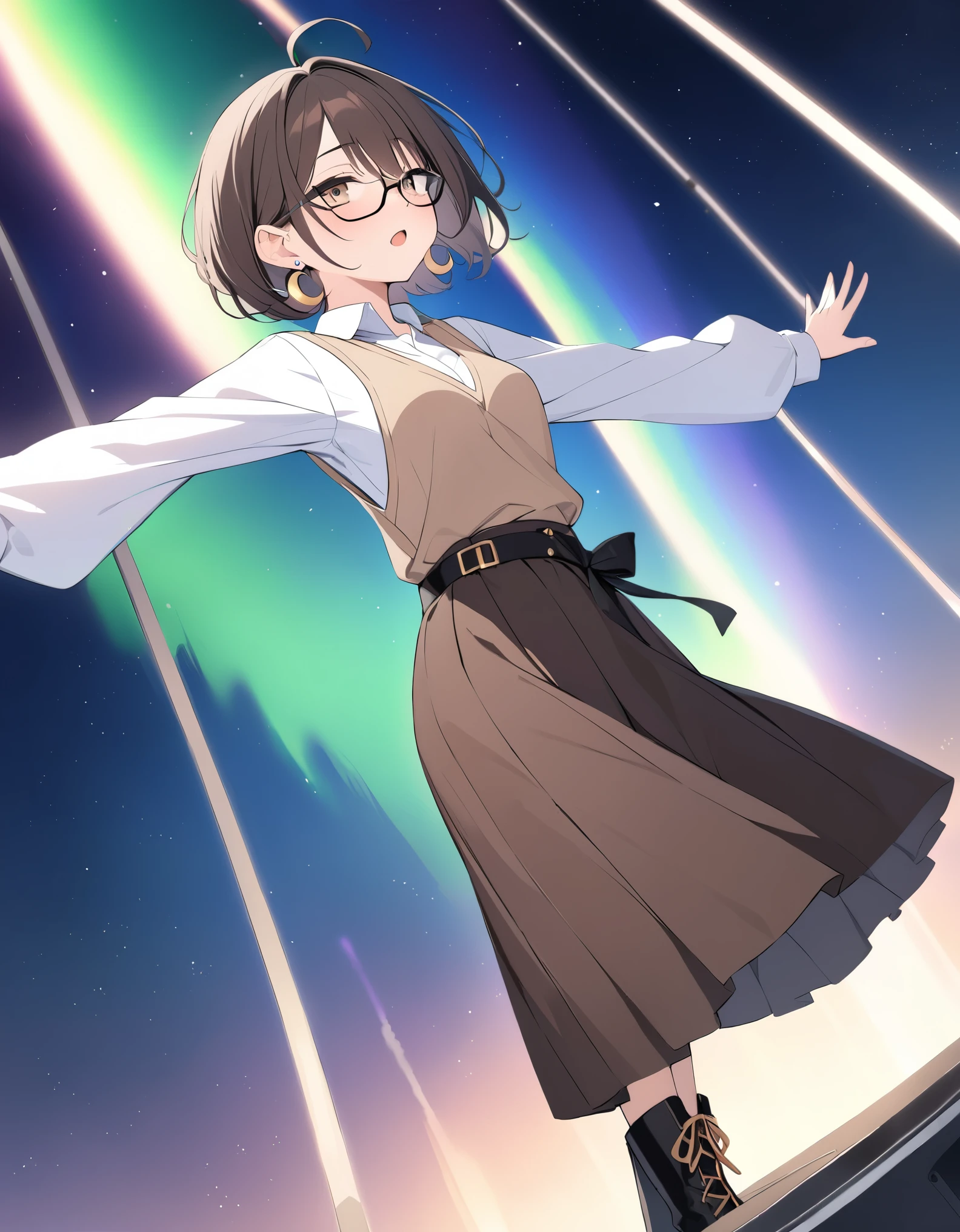 best quality, masterpiece, ultra resolution, super details, anatomically correct, a girl of twenty, full body, (dark brown hair:1.2), high quality eyes, high quality hands, short hair, glowing golden eyes, (twin short ahoges:1.3), (glasses:1.3), asymmetric earrings, (sun earring on the right ear:1.6), (crescent earring on the left ear:1.2), medium breasts, white shirt, brown vest dress, long sleeves, loose sleeves, (long skirt), short boots, looking up, slightly opened eyes, open mouth, spreading arms, several belts of aurora circling around her body, gender expression, fluish, (spinning on tiptoe), in the bridge of a starship, high quality background, depth of field, dutch angle