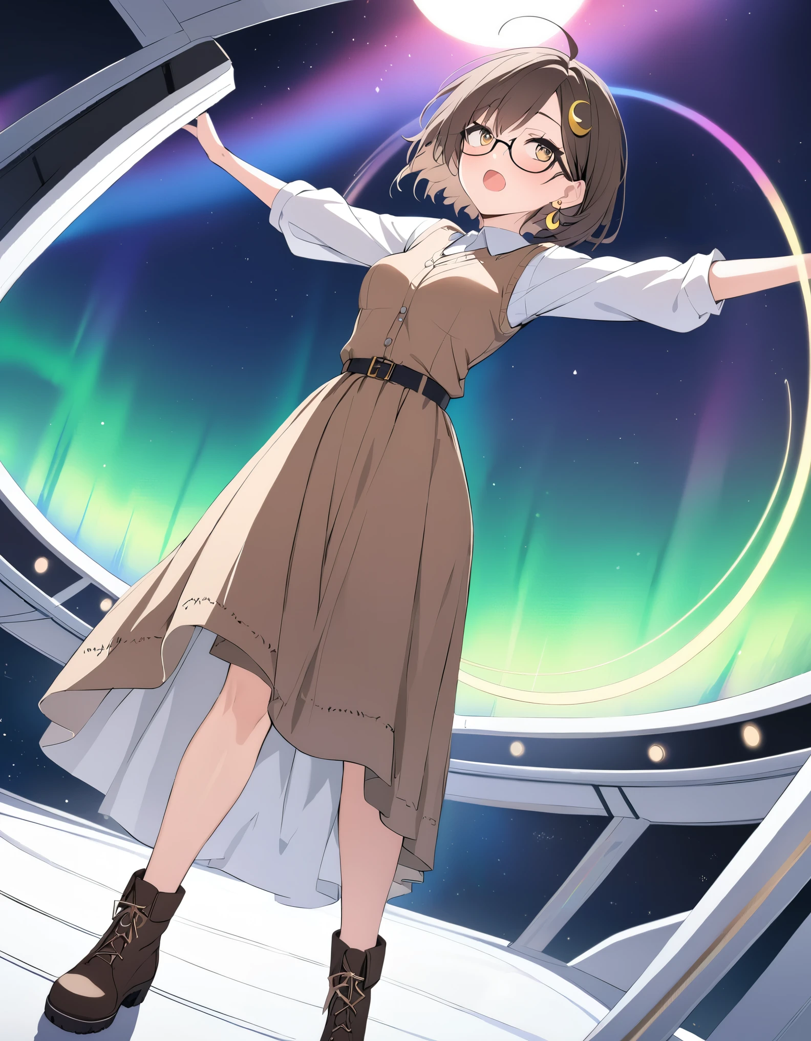 best quality, masterpiece, ultra resolution, super details, anatomically correct, a girl of twenty, full body, (dark brown hair:1.2), high quality eyes, high quality hands, short hair, glowing golden eyes, (twin short ahoges:1.3), (glasses:1.3), asymmetric earrings, (sun earring on the right ear:1.6), (crescent earring on the left ear:1.2), medium breasts, white shirt, brown vest dress, long sleeves, loose sleeves, (long skirt), short boots, looking up, slightly opened eyes, open mouth, spreading arms, several data belts with rainbow-like colour circling around her body, gender expression, fluish, (spinning on tiptoe), in the bridge of a starship, aurora, high quality background, depth of field, dutch angle