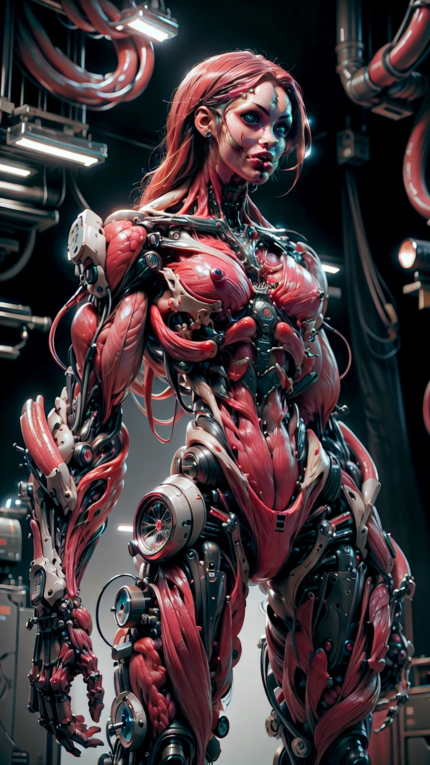 (1 girl), (megan fox:1.25), (muscular android girl wearing a red anatomic bio-mecha cybernetic muscle suit:1.25), (wide shoulders:1.25), (muscular defined physique:1.25), perfect hands, (long hair:1.25), looking at viewer, high resolution image, extreme detail, blank background