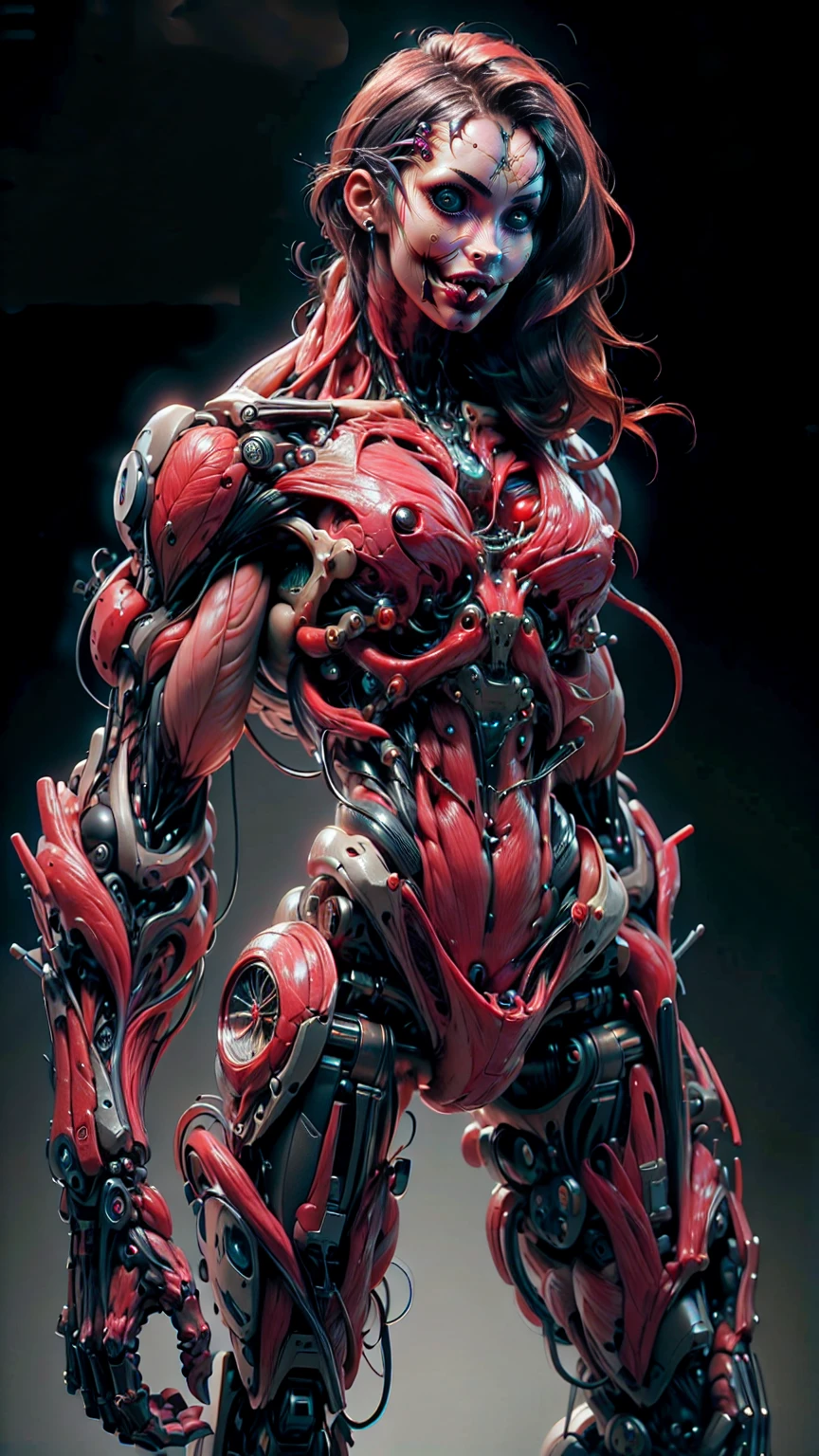 (1 girl), (megan fox:1.25), (muscular android girl wearing a red anatomic bio-mecha cybernetic muscle suit:1.25), (wide shoulders:1.25), (muscular defined physique:1.25), perfect hands, (long hair:1.25), looking at viewer, high resolution image, extreme detail, blank background