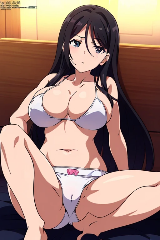(masutepiece, Best Quality, High resolution, anime screen cap, anime colours, megami magazine:1.2, anime poster style, anime keyvisual, sharp, 8k, photorealistic), (beautiful eyes:1.5), Blowmailing, 1girl in, Cute, blush, (Long Black Hair:1.5), (Oversized large sagging breasts:1.5), cleavage, ((White Bikini:1.5, Thin fabric)), (on back:1.5, sleepy:1.5), cowboy shot, spread legs, ((Perfect Anatomy, beautifull detailed face, Beautiful detailed eyes, beautiful detailed hair, Beautiful detailed body)), thick outline, Beautiful outlines, black outlines