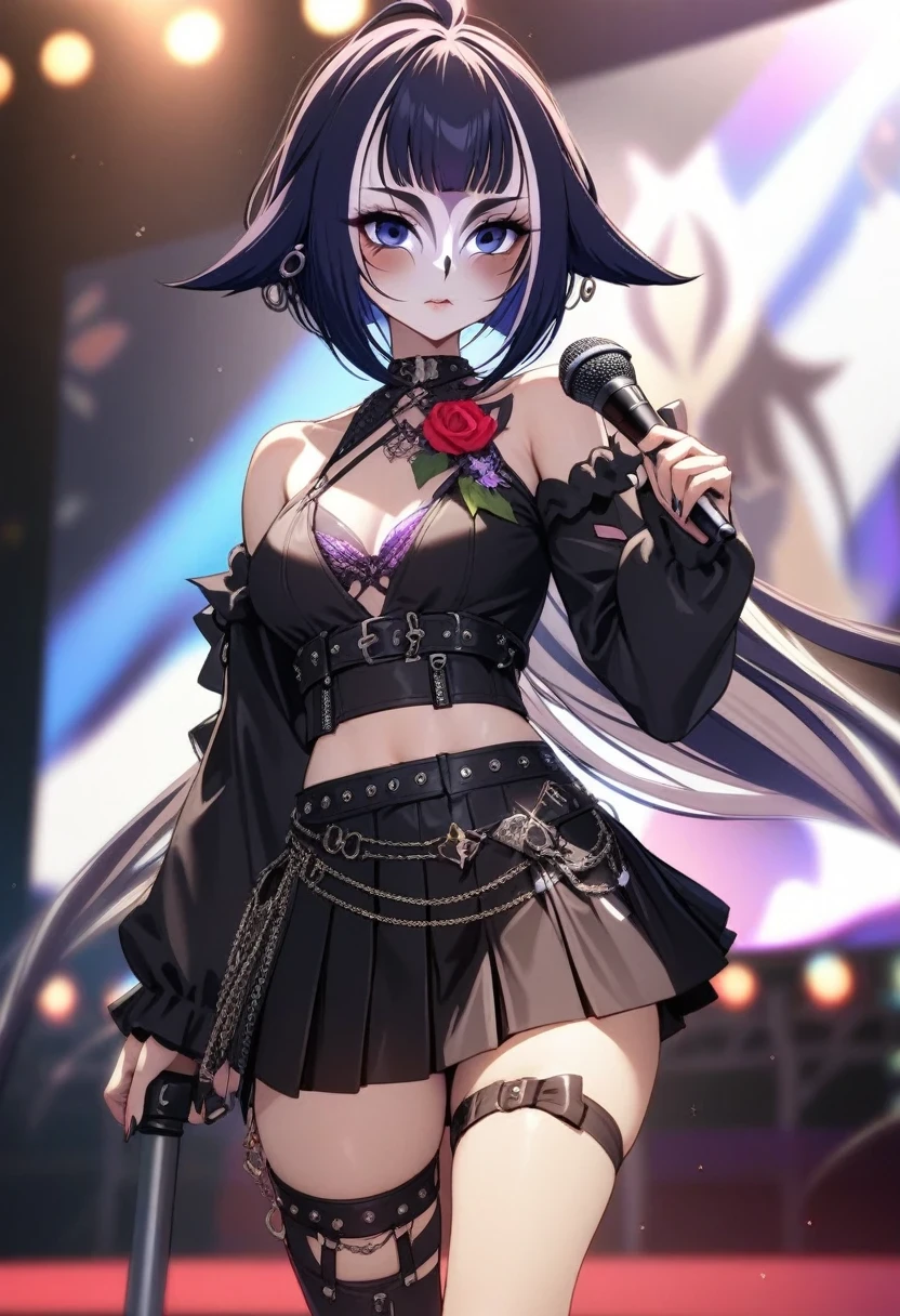 (shylily/(Twich/):1.5),(masterpiece:1.2),(best quality:1.2), Corsage, Self-made, (Self-made Fashion:1.1), Delicate face, decorate, skirt, Various accessories, (Ear piercing), Punk style, Japanese Subculture, Fashion, stocking, rich and colorful, (Dark circles:1.2), Wave, Holding the microphone, (stage:1.1), (Depth of Field:1.2), (Blurred background:1.2), Clear focus, Looking at the audience, Cowboy shooting,