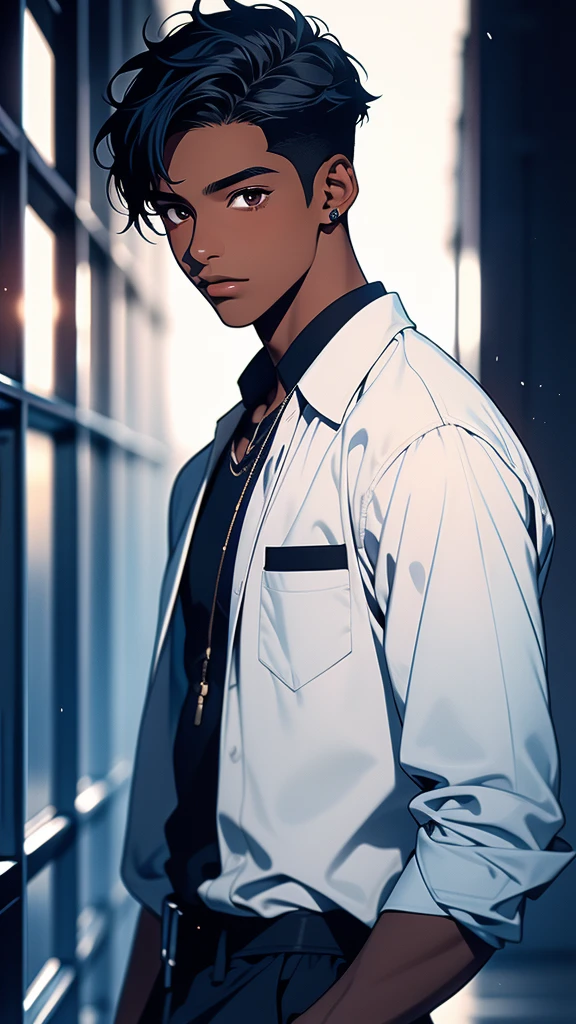 A young black boy high school student of 18 years of European appearance with dark skin color, straight black hair with a very American cut, dark eyes, and is apparently short, has a gentle face without wrinkles or hair, is wearing white clothes. dark blue English student, he is inside an English secondary school,