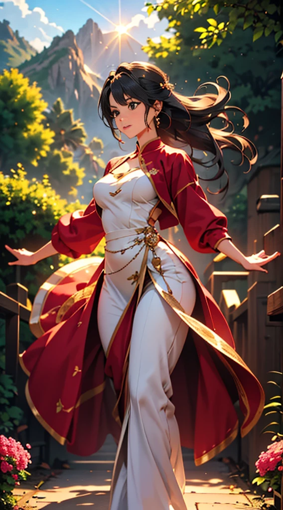 Create a detailed image of a stunning scenery, where a girl is dancing in the background. The scenery is a lush garden, filled with colorful flowers, lush trees, and blooming bushes. The sun gently shines in the blue sky, casting a golden light over the landscape, creating an atmosphere of serenity and beauty. The girl, dressed in a light and flowing outfit, dances gracefully among the flowers, her movements flowing in harmony with the gentle breeze. Her hair floats in the wind as she expresses joy and freedom in her dance. In the distance, majestic mountains rise against the horizon, adding a touch of grandeur to the scene. This is an image of serenity and charm, where nature and dance merge in perfect harmony. What is the story behind this dancer in the dream garden? What emotions and feelings does she evoke in this idyllic setting