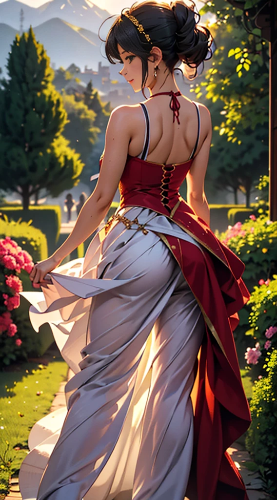 Create a detailed image of a stunning scenery, where a girl is dancing in the background. The scenery is a lush garden, filled with colorful flowers, lush trees, and blooming bushes. The sun gently shines in the blue sky, casting a golden light over the landscape, creating an atmosphere of serenity and beauty. The girl, dressed in a light and flowing outfit, dances gracefully among the flowers, her movements flowing in harmony with the gentle breeze. Her hair floats in the wind as she expresses joy and freedom in her dance. In the distance, majestic mountains rise against the horizon, adding a touch of grandeur to the scene. This is an image of serenity and charm, where nature and dance merge in perfect harmony. What is the story behind this dancer in the dream garden? What emotions and feelings does she evoke in this idyllic setting