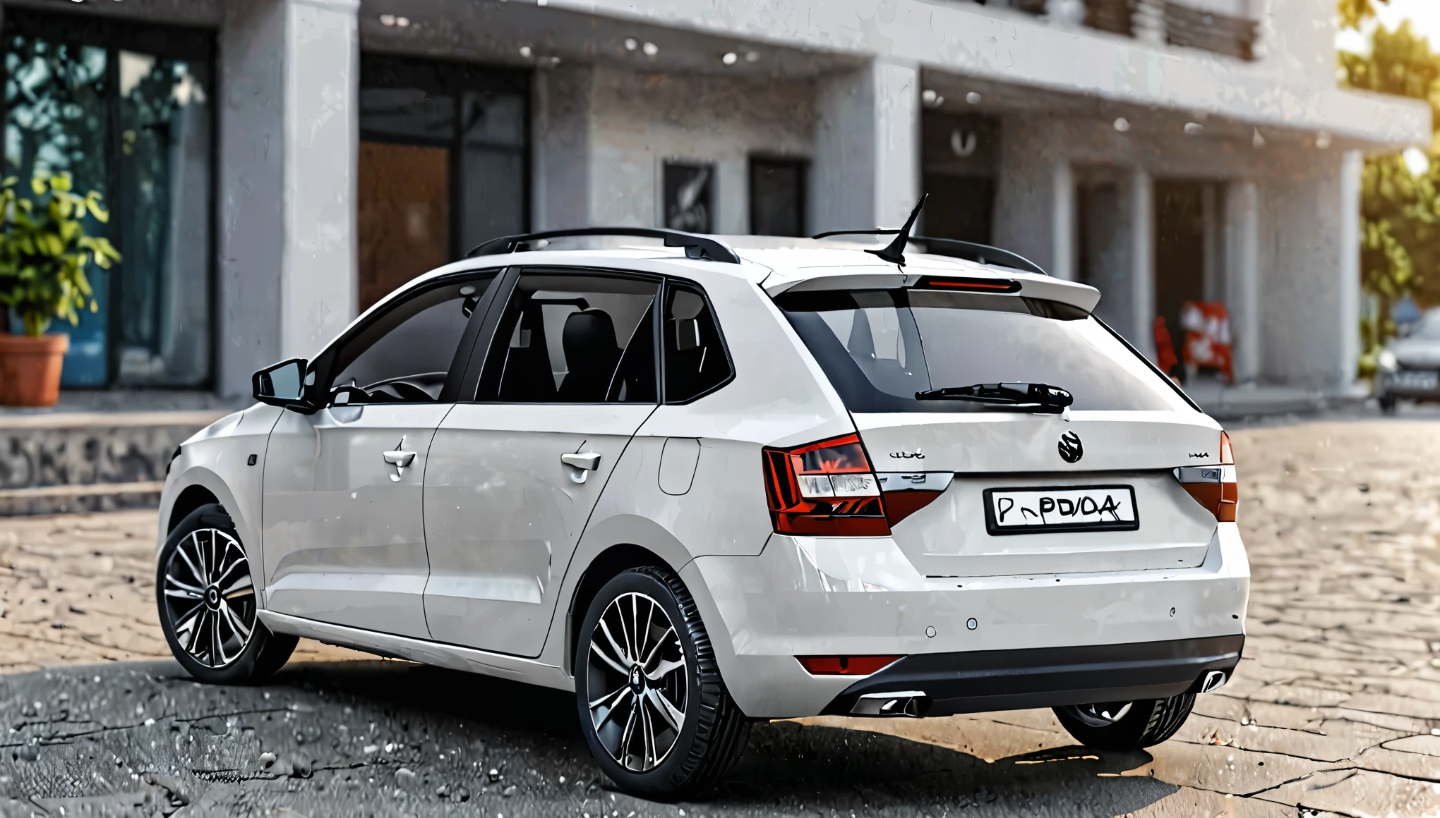(cinematic,) Realistic skoda rapid car spaceback white color, black color bonnet hood