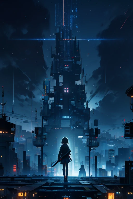 1girl, (((standing on edge building))), dystopia, 8K, high quality, (((detailed face))), detailed hands, melancholy, sad, raining outside is raining, (((night))), 