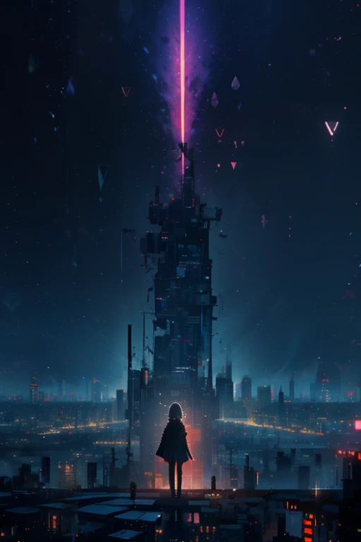1girl, (((standing on edge building))), dystopia, 8K, high quality, (((detailed face))), detailed hands, melancholy, sad, raining outside is raining, (((night))),