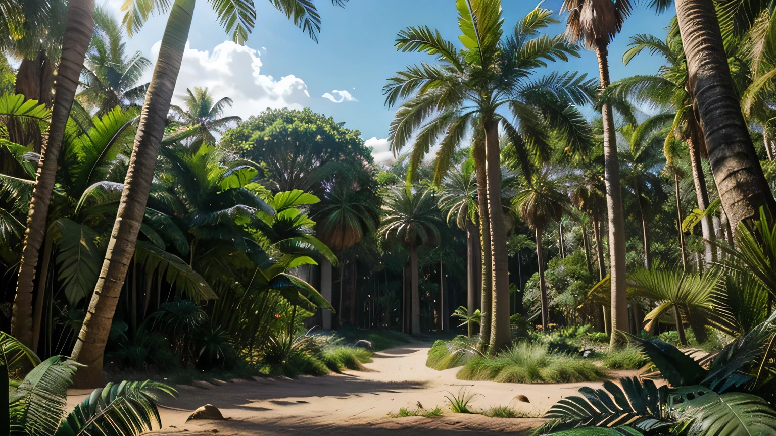 Jurassic forest, Paleozoic, blue sky, Giant ferns, giant horsetail, foreground sand, sandy glade, Realistic, cinematic