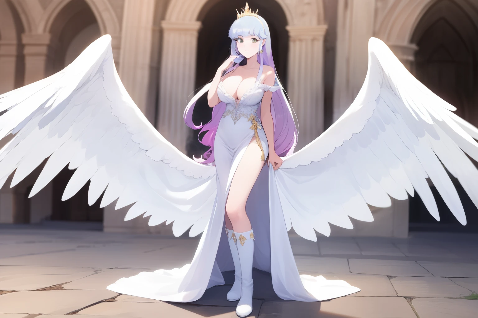 masterpiece, best quality, highres, princess celestia, human, regalia, shot from ground, detailed, background of castle, spread big angel's wings, white dress, long dress, long hair, princess, halo, Angel wings, feathers, frills, idol, idol dress, collarbone, big breasts, outdoors, standing, white boots, nsfw:0.9