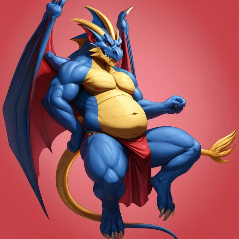 Fat Druddigon Gargoyle, pokemon style, rigid, angular, face is crimson, blue body, fat yellow belly. Perching, bulging belly, loin cloth