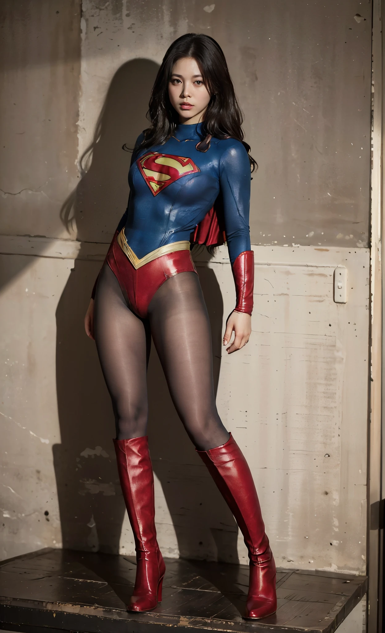 No background、She always has her mouth open、She always looks distressed、Always close your eyes、(((Beautiful legs in black tights.)))、(((Stretch your legs、expensive、Expressing a distressed face)))、((((Make the most of your original images)))、(((Supergirl Costume)))、(((Beautiful hairstyle)))、(((Painful face)))、(((Black tights legs、Wear red boots)))、((Best image quality、8k))、((highest quality、8k、masterpiece:1.3))、(((Preserve background )))、Sharp focus:1.2、Beautiful woman with perfect figure:1.4、Slim Abs:1.2、Wet body:1.5、Highly detailed face and skin texture、8k