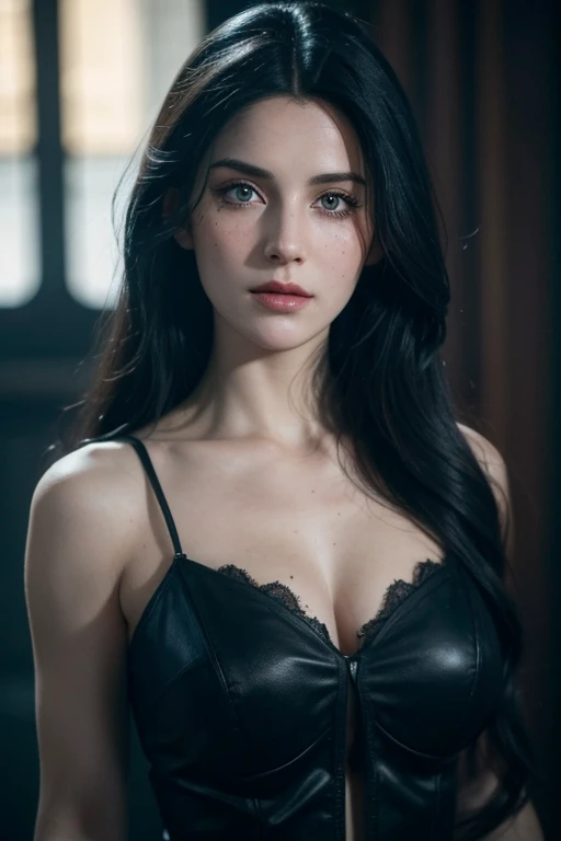 belle guerrière aux longs cheveux noirs et aux yeux bleus semblable à Yennefer du jeu The Witcher, your face is freckled, Ta peau est blanche, et son expression est mignonne