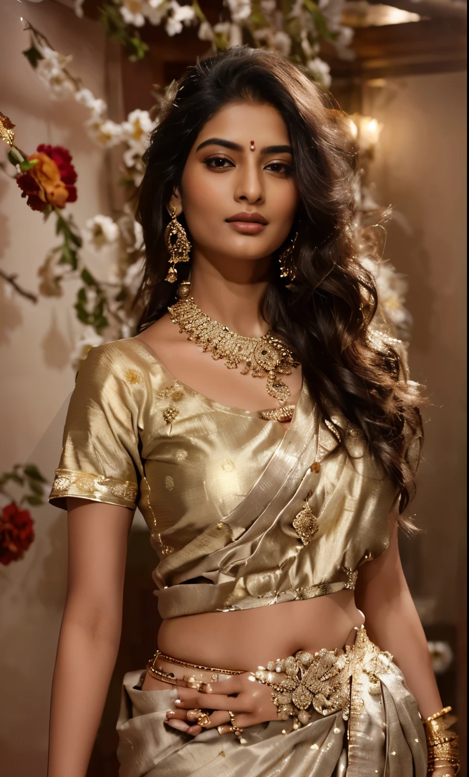 anusha bhatia in a silver sari and gold jewellery, photo of a beautiful woman, indian, traditional beauty, indian style, gorgeous woman, wearing an ornate outfit, wearing elegant jewellery, very extremely beautiful, elegant fashion model, stunning elegant pose, indian super model, beautiful model, wearing gorgeous clothing, beautiful female model, very pretty model, intricate outfit