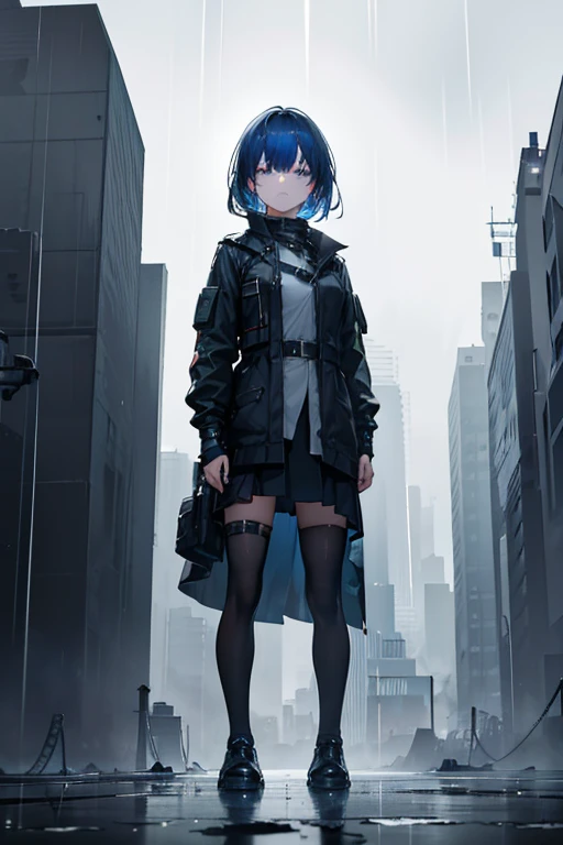 1girl, (((standing on edge building))), dystopia, 8K, high quality, (((detailed face))), detailed hands, melancholy, sad, raining outside is raining, (((night))), 