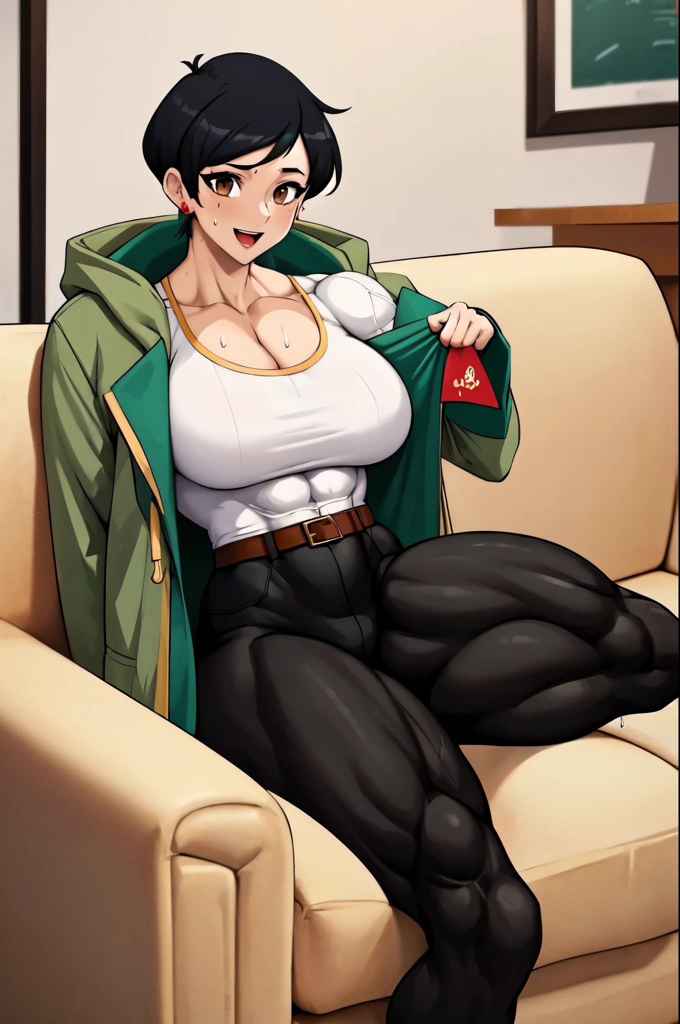 (masterpiece, best quality:1.2), lois lane (my adventures with superman), solo, 1girl, black hair, brown eyes, earrings, belt, shirt, short hair, jewelry, smile, hood, white shirt, pants, stud earrings, tomboy, coat, black pants, brown belt, striped, collarbone, green coat, breasts, large breasts, striped shirt, piercing, couch, looking at viewer, lying, open mouth, smile, on couch, on side, indoors, living room,(big muscular female bodybuilder),(oil painting,high-res),(sweating,flexing muscles,six-pack abs),(best quality,professional,vivid colors),(strong, powerful),(studio lighting,dramatic shadows),(realistic).