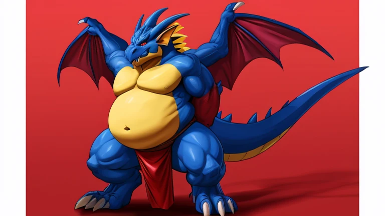 Fat Druddigon Gargoyle, pokemon style, rigid, angular, face is crimson, blue body, fat yellow belly. Perching, bulging belly, loin cloth