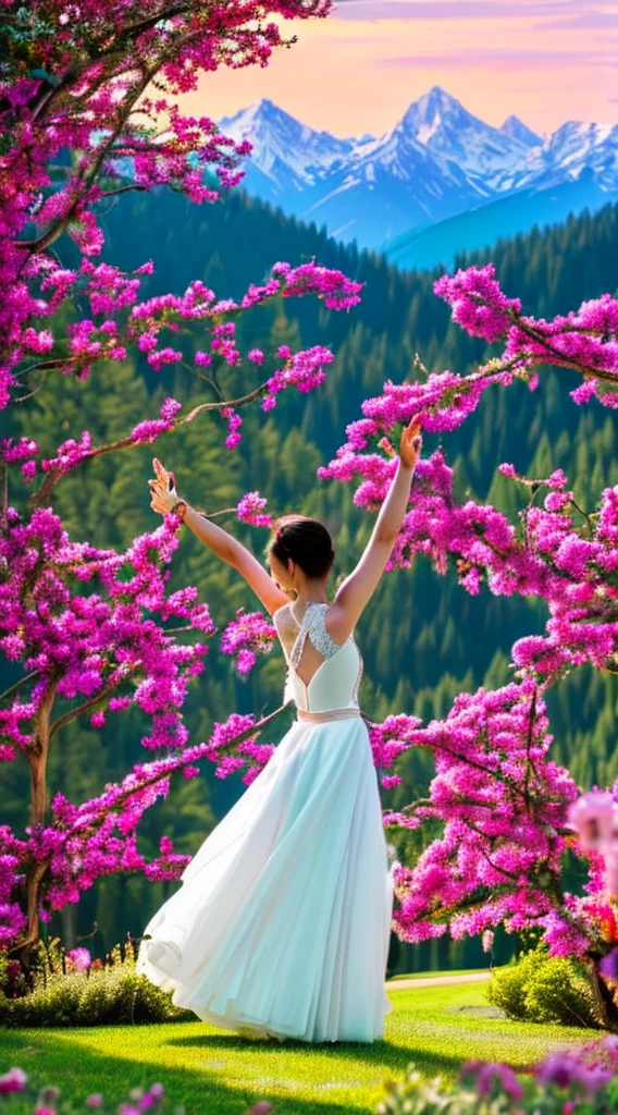 Create a detailed image of a stunning scenery, where a girl is dancing in the background. The scenery is a lush garden, filled with colorful flowers, lush trees, and blooming bushes. The sun gently shines in the blue sky, casting a golden light over the landscape, creating an atmosphere of serenity and beauty. The girl, dressed in a light and flowing outfit, dances gracefully among the flowers, her movements flowing in harmony with the gentle breeze. Her hair floats in the wind as she expresses joy and freedom in her dance. In the distance, majestic mountains rise against the horizon, adding a touch of grandeur to the scene. This is an image of serenity and charm, where nature and dance merge in perfect harmony. What is the story behind this dancer in the dream garden? What emotions and feelings does she evoke in this idyllic setting