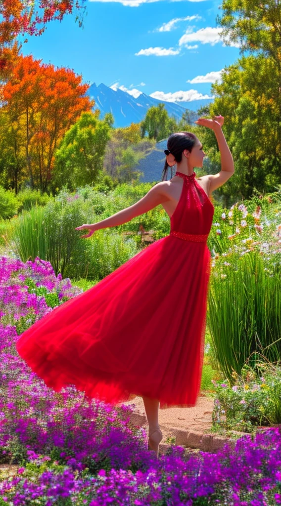 Create a detailed image of a stunning scenery, where a girl is dancing in the background. The scenery is a lush garden, filled with colorful flowers, lush trees, and blooming bushes. The sun gently shines in the blue sky, casting a golden light over the landscape, creating an atmosphere of serenity and beauty. The girl, dressed in a light and flowing outfit, dances gracefully among the flowers, her movements flowing in harmony with the gentle breeze. Her hair floats in the wind as she expresses joy and freedom in her dance. In the distance, majestic mountains rise against the horizon, adding a touch of grandeur to the scene. This is an image of serenity and charm, where nature and dance merge in perfect harmony. What is the story behind this dancer in the dream garden? What emotions and feelings does she evoke in this idyllic setting