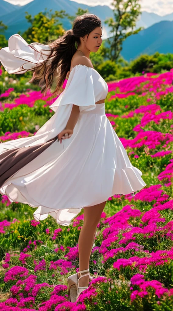 Create a detailed image of a stunning scenery, where a girl is dancing in the background. The scenery is a lush garden, filled with colorful flowers, lush trees, and blooming bushes. The sun gently shines in the blue sky, casting a golden light over the landscape, creating an atmosphere of serenity and beauty. The girl, dressed in a light and flowing outfit, dances gracefully among the flowers, her movements flowing in harmony with the gentle breeze. Her hair floats in the wind as she expresses joy and freedom in her dance. In the distance, majestic mountains rise against the horizon, adding a touch of grandeur to the scene. This is an image of serenity and charm, where nature and dance merge in perfect harmony. What is the story behind this dancer in the dream garden? What emotions and feelings does she evoke in this idyllic setting
