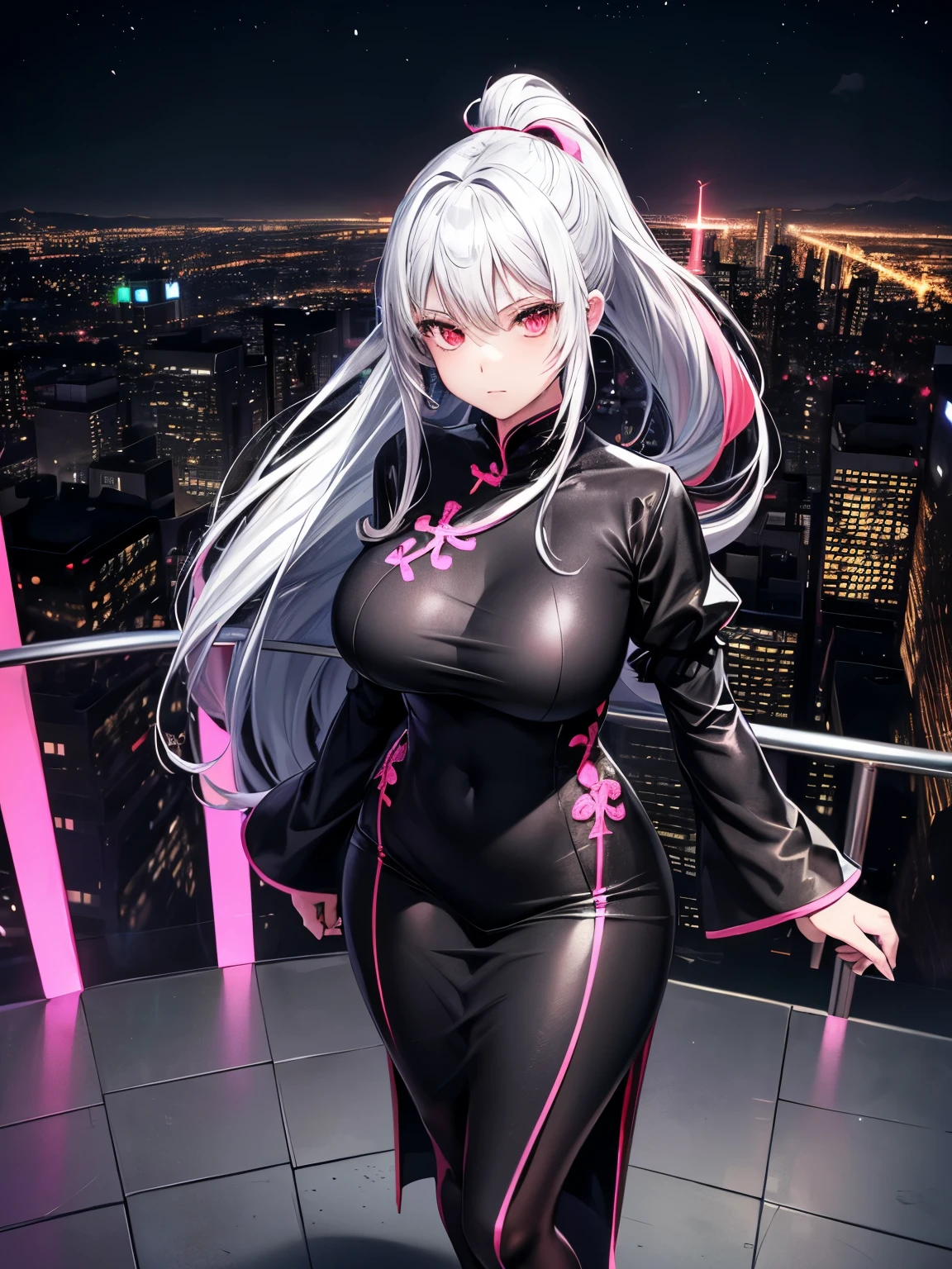 anime, (artwork, best quality, ultra-detailed, high contrast), 1 woman (Alone, full body, plus size body, standing on the edge of the skyscraper, silver hair, LONG In a ponytail, red eyes, perfect eyes ruby sparkles, (simple black qipao, black cybernetics with neon pink), transparent black socks), (skyscraper roof, overlooking a city, detailed background ((night time, Darkness, low light pollution)))