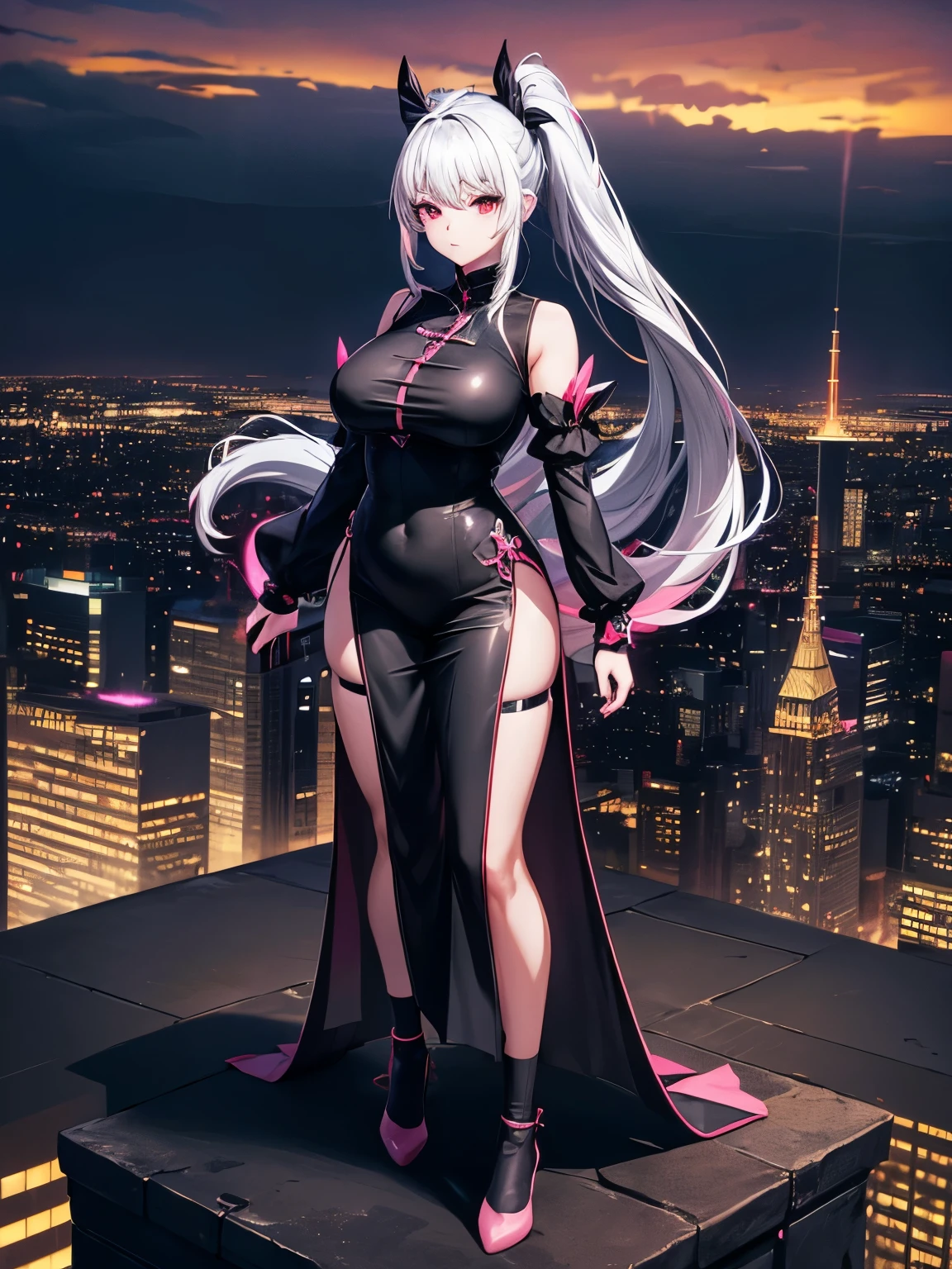 anime, (artwork, best quality, ultra-detailed, high contrast), 1 woman (Alone, full body, plus size body, standing on the edge of the skyscraper, silver hair, LONG In a ponytail, red eyes, perfect eyes ruby sparkles, (simple black qipao, black cybernetics with neon pink), transparent black socks), (skyscraper roof, overlooking a city, detailed background ((night time, Darkness, low light pollution)))