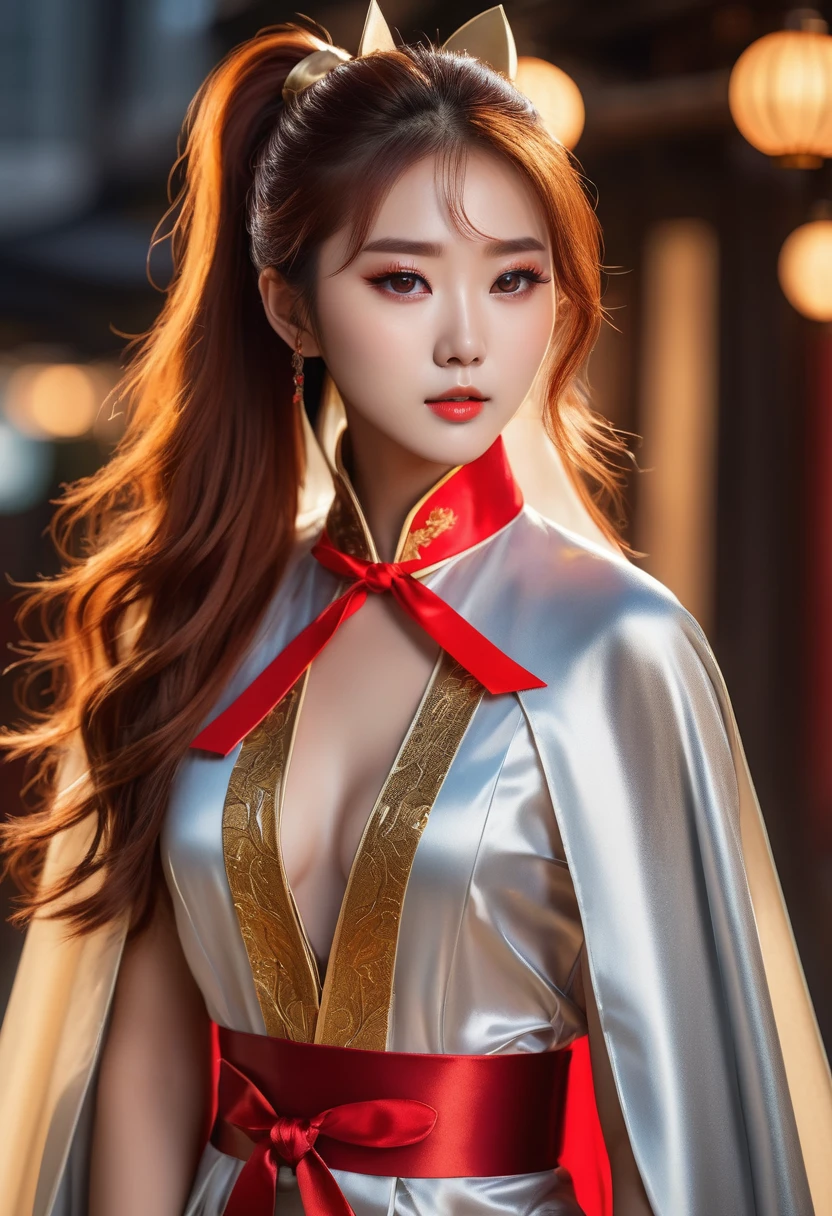 (RAW Photo) , (highly detailed:1.20) , (ultra realistic :1.10) ,sexy chinese girl in her 20s , 
(perfect face:1.20) , (detailed red eyes :1.20) , with long auburn hair in a high ponytail , 
(long silver and gold lined cape tied at the neck with a ribbon :1.20) , full body, high-quality 
ultra realistic style, warm tones, soft lighting, detailed eyes, professional, expressive , 8K , 
highly detailed , professional,