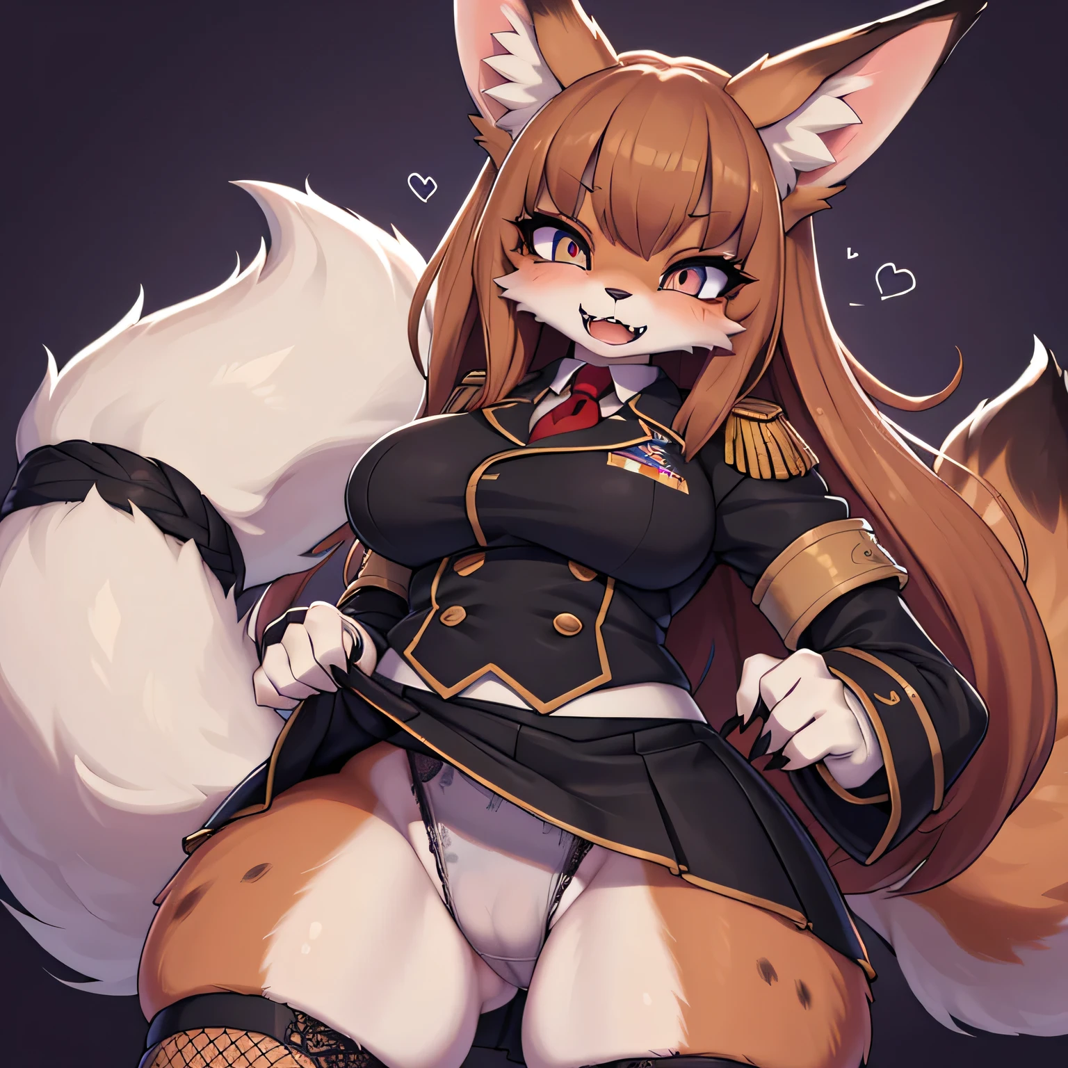 fur, raised tail, holo is a wolf girl,fox tail, furry art!!!, curvy ,thick thighs,expressive eyes, (fur skin), wolf ears, sch fi, futuristic ,messy hair, Camel toe very obvious, , pubes, feral,fox, holo is a wolf girl,fox tail, curvy ,thick thighs,expressive eyes, (brown fur skin), wolf ears, messy hair, feral), furry, stocking, sweaty, plump body type,Serval, fox, wolf girl,fangs, sharp eyeliner, eyeshadow, (detailed eyes,voluptuous, Camel toe very obvious , lace trims, horny, expressive eyes, open mouth with teeth , fishnet stockings wrap the thighs, uniform, military, military uniform, military outfit, short skirt, sch fi