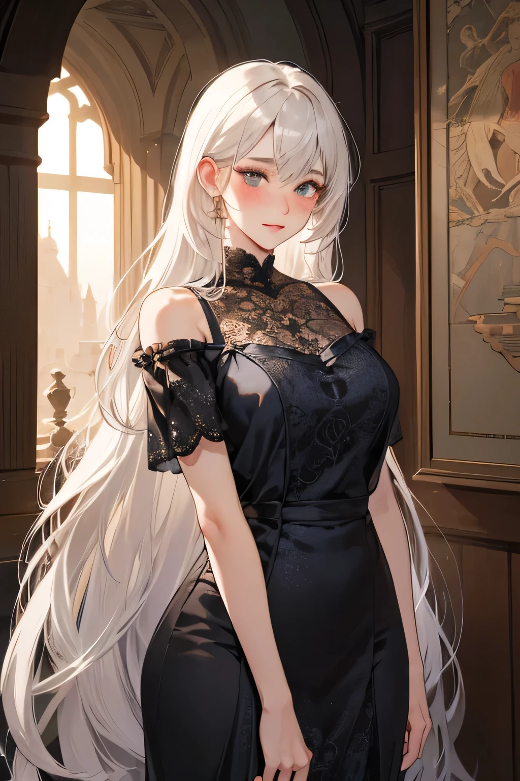 Empress, old women, women, 1 women, beautyfull, power, very tall, big body, perfect body, elegant, kharisma, shine, cool, depicting Equal eyes, (A female god) Look at camera, depicting delicate facial features, white long hair,black eye,blue silk dress,Lace,Shoulders exposed,kastil backgroud,Contre-Jour,Cinematic texture,Light and shadow changes,Europe,Middle Ages,Pull half of your body closer, medieval fantasy, white long hair, blush