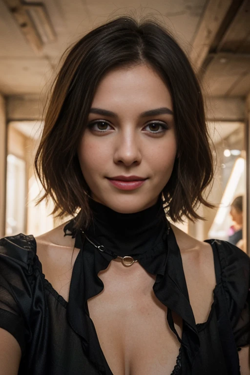 a woman, 25 year old, delicate, cheveux de longueur moyenne, cheveux bruns, skin details, sourire romantique, seductive look, pores de la peau, éclairé par les flashs des photographes, apocalypse, monde en ruine, mad max, tenue faite de cuire et de peau de bête, chained