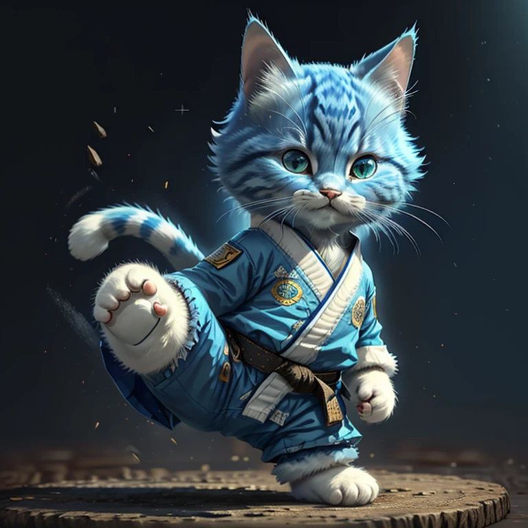 highest quality,Very detailed,Realistic,(photoRealistic:1.37),《Cat in clothes》、Anthropomorphic performance、Shaggy black cat,Adorable,soft,fuzzy,Playful,Expressive blue eyes,small, Rounded body,Small feet、Doing Tai Chi,Vibrant colors,Warm lighting,Are standing、blue skyの背景、White karate uniform、blue sky、surprised、(Kicking:1.5)、High Kick、