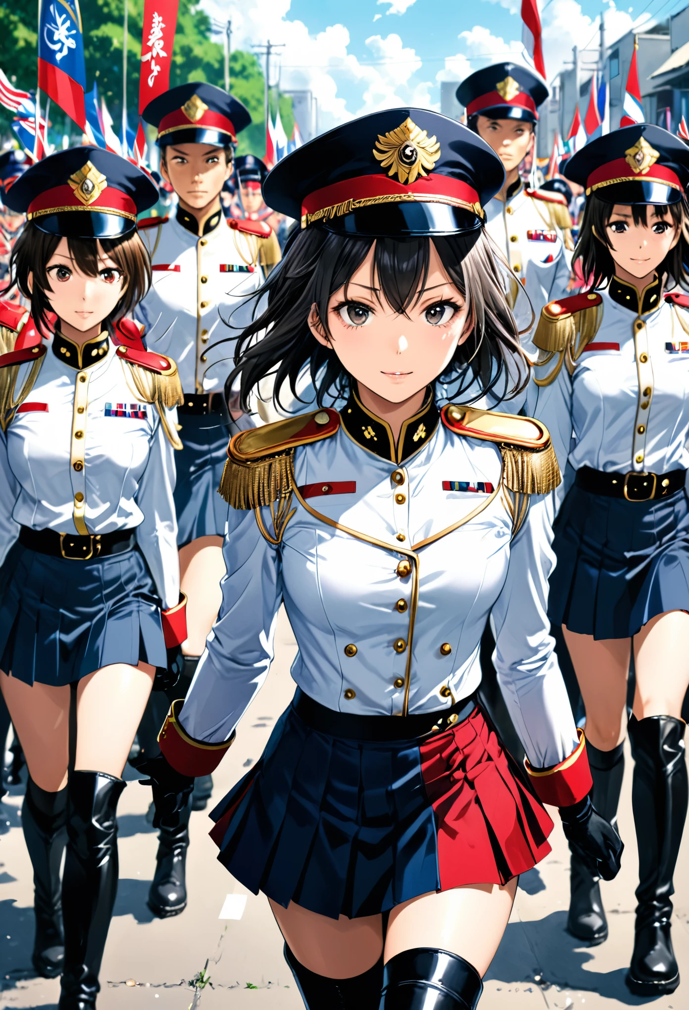 n style of Takeshi Obata,high res image,masterpiece,best quality,girl,cowboy shot,cute face,simple background,jyojifuku,(vivid color marching,hat,boots,gloves,epaulettes,skirt,:1.3),