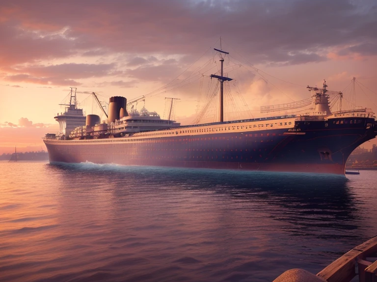 Arafed ship in the water with dock and boats in the background, From the side見た, Restored, Water surrounds the ship, Wide Full Shot, From the side撮影, Exterior photo, From the side, Anat Finstark. Front view, By Karl Walter Reiner, Side view from a distance, beautiful photo, Full Scene Shot