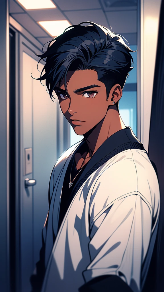 A young black boy high school student of 18 years of European appearance with dark skin color, straight black hair with a very American cut, dark eyes, and is apparently short, has a gentle face without wrinkles or hair, is wearing white clothes. dark blue English student, he is inside an English secondary school,
