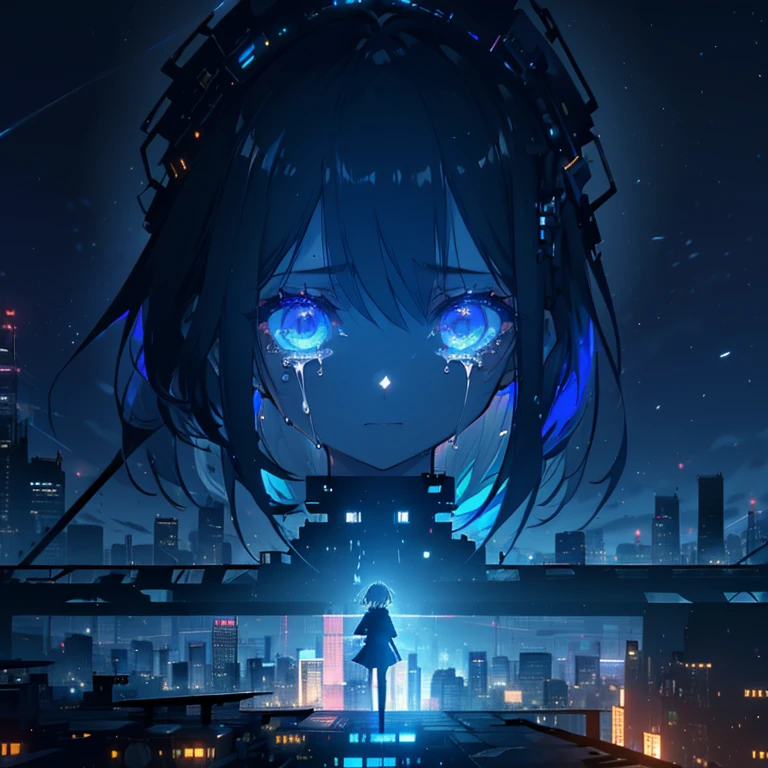 1girl, (((standing on top of a building on the edge))), looking down, (((crying))), tears falling down her face, dystopia, 8k, high quality, (((detailed face))), detailed hands, depressing, sad, raining outside, (((nighttime))), up close
