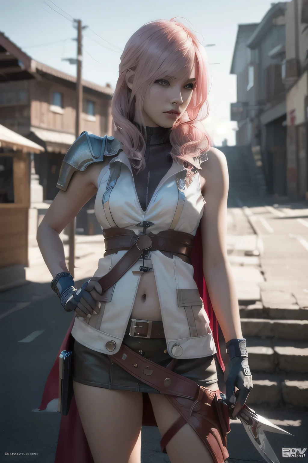 masterpiece, extremely fine and beautiful,detailed face,cute face,super detailed skin,photo realistic,cinematic,
(Planted Sword on Hand:1.2), 1girl, solo, lightning farron, angry, sleeveless, shoulder armor, cape, skirt, fingerless gloves, legs, (detailed face and eyes:1.3) pink hair,
vivid picture,masterpiece, (best quality:1.2),ultra-detailed,realistic,High definition,High quality,Cinematic Light,Ray tracing,ultra high res,UHD,(photorealistic:1.5),intricate details,detailed texture,finely detailed,High quality shadow, beautiful,