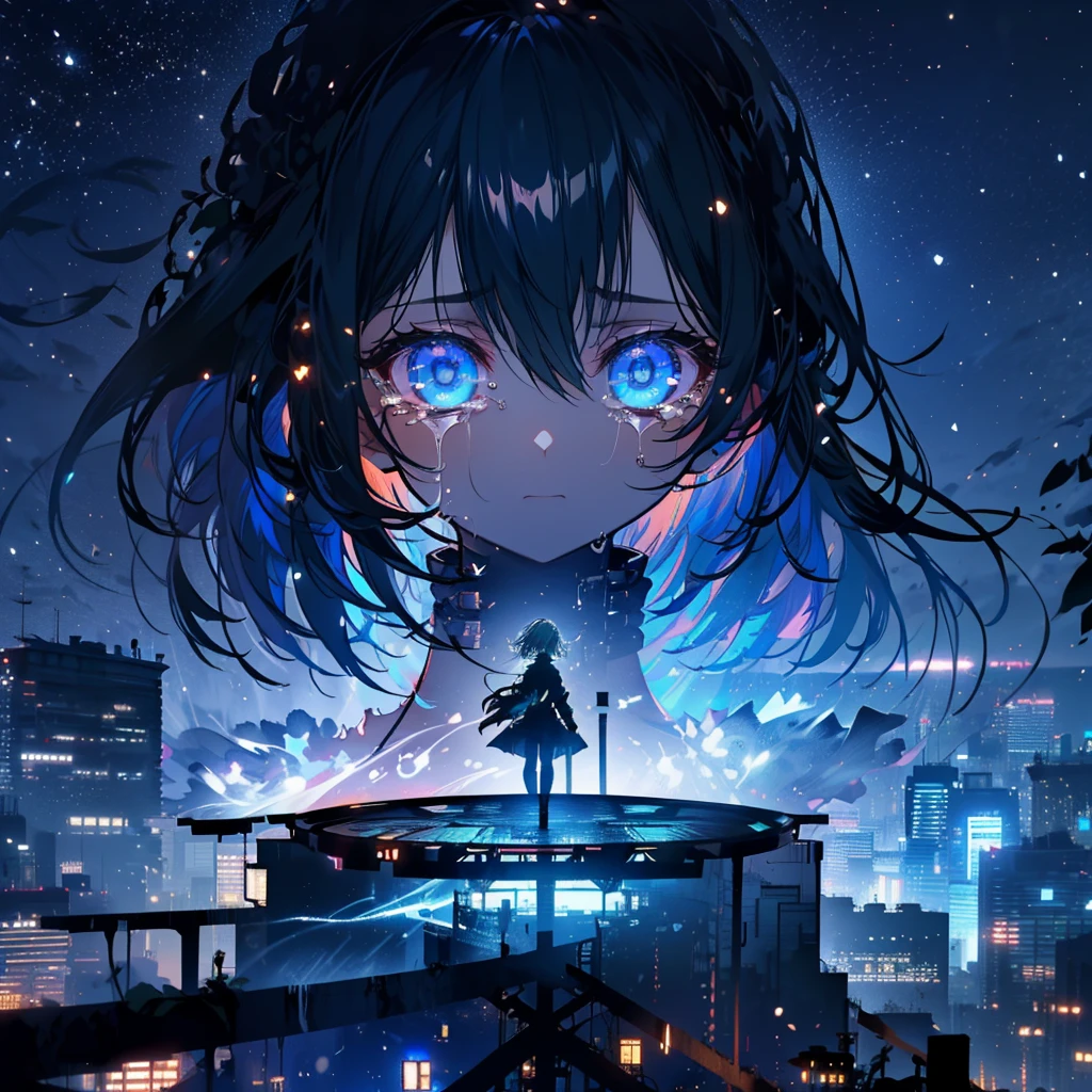 1girl, (((standing on top of a building on the edge))), looking down, (((crying))), tears falling down her face, dystopia, 8k, high quality, (((detailed face))), detailed hands, depressing, sad, raining outside, (((nighttime))), up close