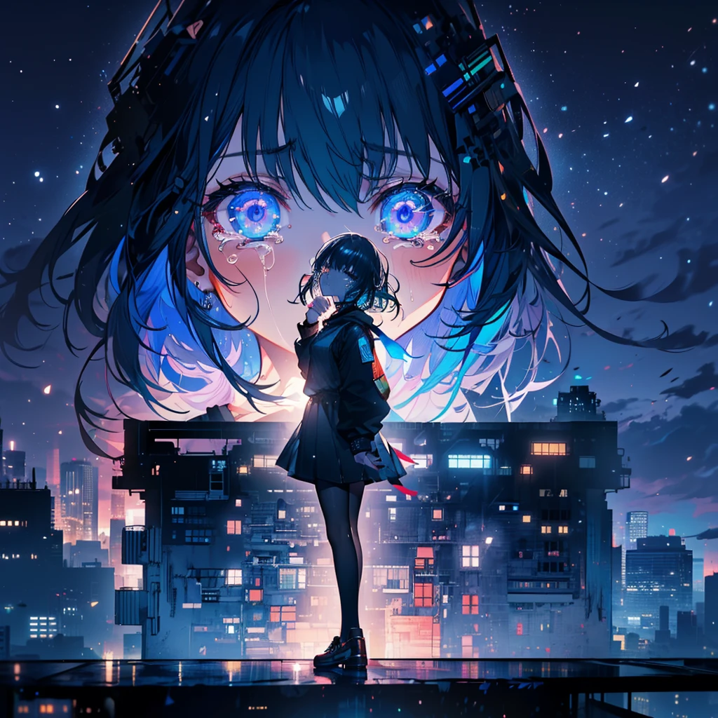 1girl, (((standing on top of a building on the edge))), looking down, (((crying))), tears falling down her face, dystopia, 8k, high quality, (((detailed face))), detailed hands, depressing, sad, raining outside, (((nighttime))), up close