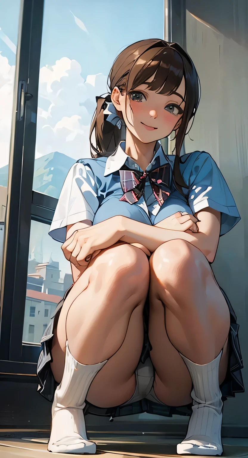 (masterpiece:1.2, top-quality),  beautiful illustration, (natural side lighting, movie lighting), nsfw, 
looking at viewer, upper body,, high school girl, perfect face, cute and symmetrical face, shiny skin, 
(long hair:1.5, side ponytail:1.4, brown hair), bangs pinned back,  (large breasts:1.6, thick thighs), 
beautiful hair, beautiful face, beautiful detailed eyes, beautiful clavicle, beautiful body, beautiful chest, beautiful thigh, beautiful legs, beautiful fingers, 
light grey collared shirts, dark grey pleated mini skirt, black socks, grey plaid bow tie)), 
(beautiful scenery), school, (squatting, lift up skirt, ), (lovely smile, upper eyes), 　Leg spread, white underwear,front view, (from below:1.3) 　I can see her hip, 　Down to the toes　( watching at Viewer:1.3) 　from the front　(open legs:1.5), squatting, , closeup to a clotch,hugging own legs, from the front, Flip up the skirt　smile　　school uniform,Underwear is visible,big breasts,white underwear,